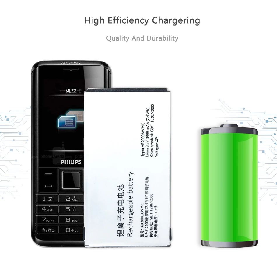 

For PHILIPS Xenium X501 X513 X523 X130 X623 X3560 CTX130 CTX523 CTX513 Mobile Phone Battery AB2000AWMC AB2000FWML 2000mAh
