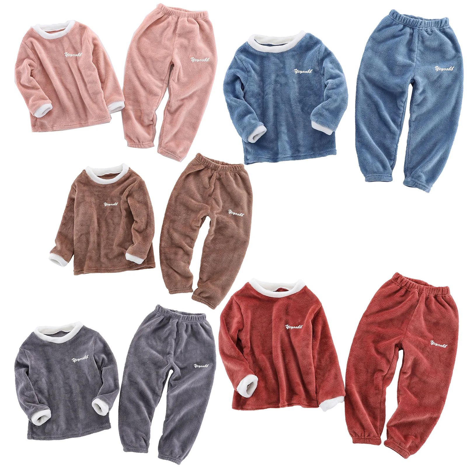 

Kids Girls Boys Coral Fleece Pajamas Sets Kids Solid Color Long Sleeves Sleep Tops and Pants Set Thick Warm Thermal Sleepwear