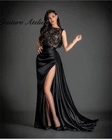 black evening dresses for wedding elegant party dress with cape slit prom gowns lace formal gown special occasion abendkleider