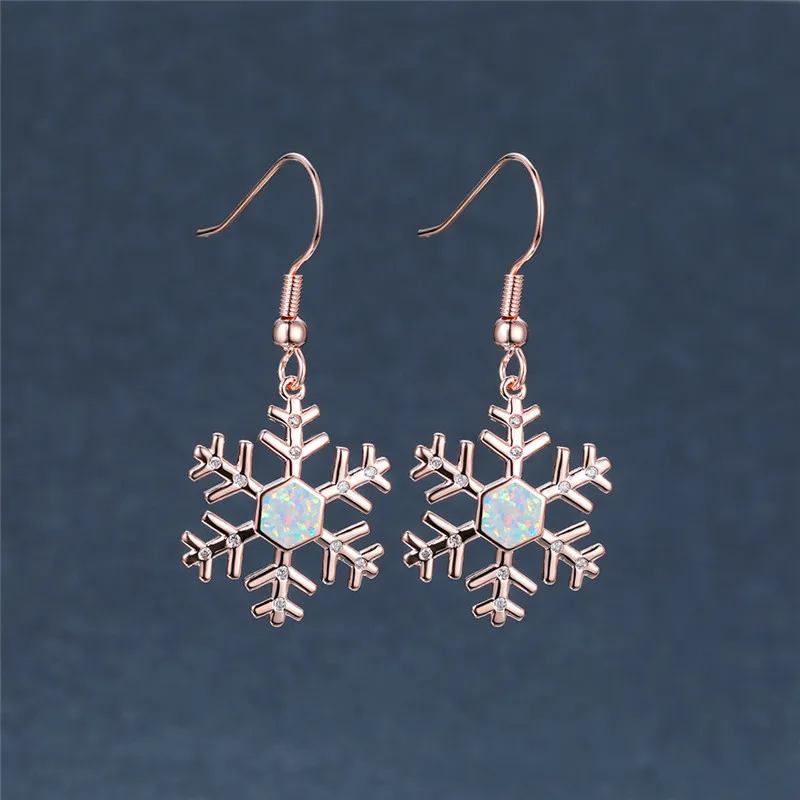 

Boho Female Blue White Opal Drop Earrings Classic Silver Color Dangle Earrings Vintage Snowflake Long Wedding Earrings For Women