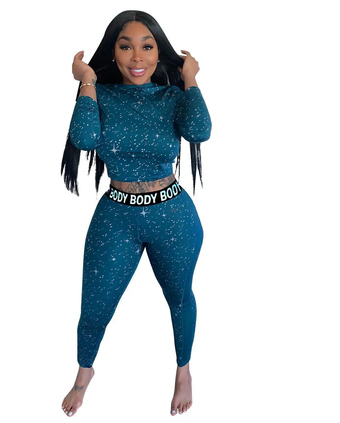 

Zoctuo Star Body Letter Women Set Long Sleeve 2 Piece Set Tracksuit Tops Pencil Pants Set Suit Fashion Fitness Casual Outfits