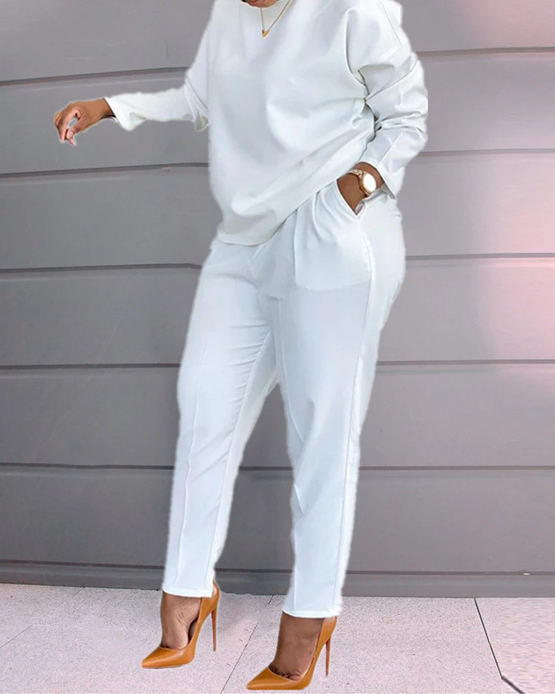 

Women Set Casual Solid O-neck Long Sleeve Tops Elastic Waist Pocket Pleated Pants 2pcs Sets