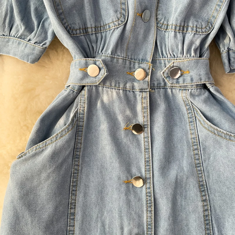 

Denim Off Shoulder Slip Puff Sleeve Wrap Midi Dress Summer Women 2021 Single Breasted Slim Elegant Dress Fashion Sexy Dresses