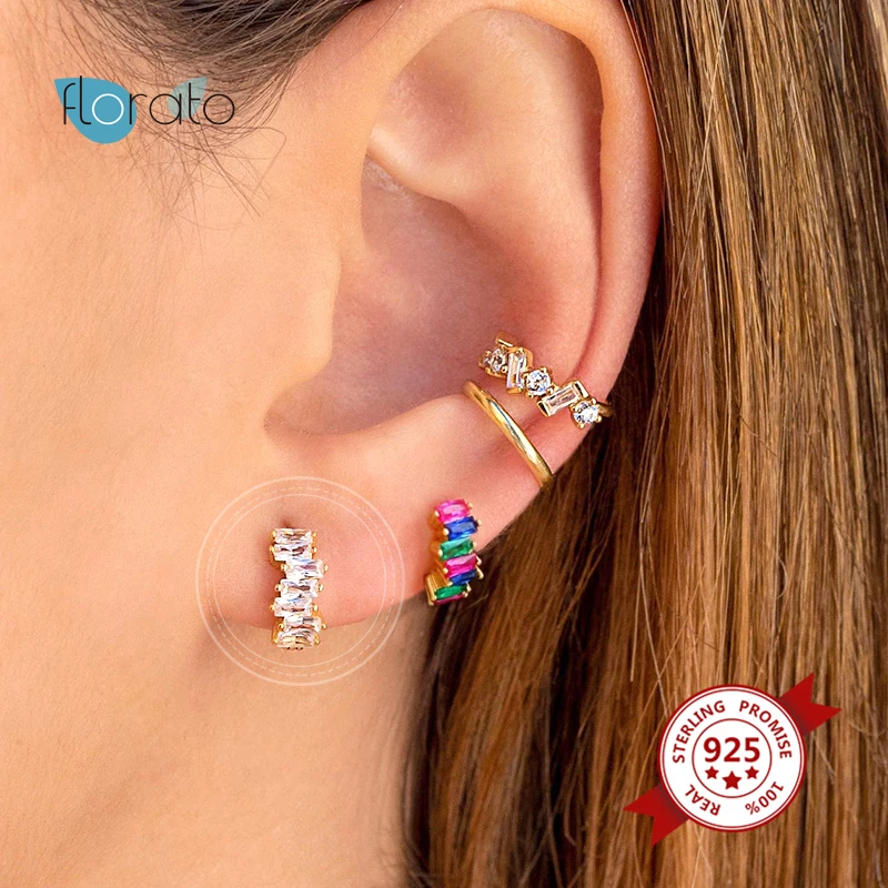 

925 Sterling Silver Colorful Crystal Hoop Earrings for Women Luxury Earrings Shine Rainbow CZ Huggie Earrings Party Jewelry