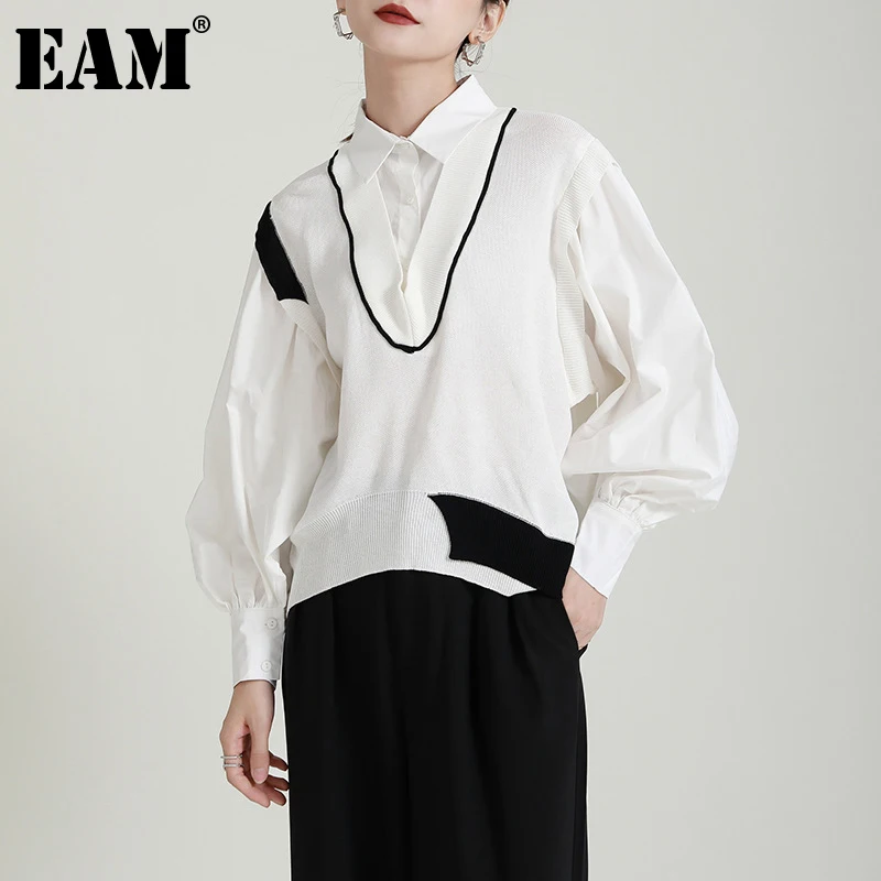 

[EAM] Women White Color-block Knitting Big Size Blouse New Lapel Long Sleeve Loose Fit Shirt Fashion Spring Autumn 2021 1DE3424
