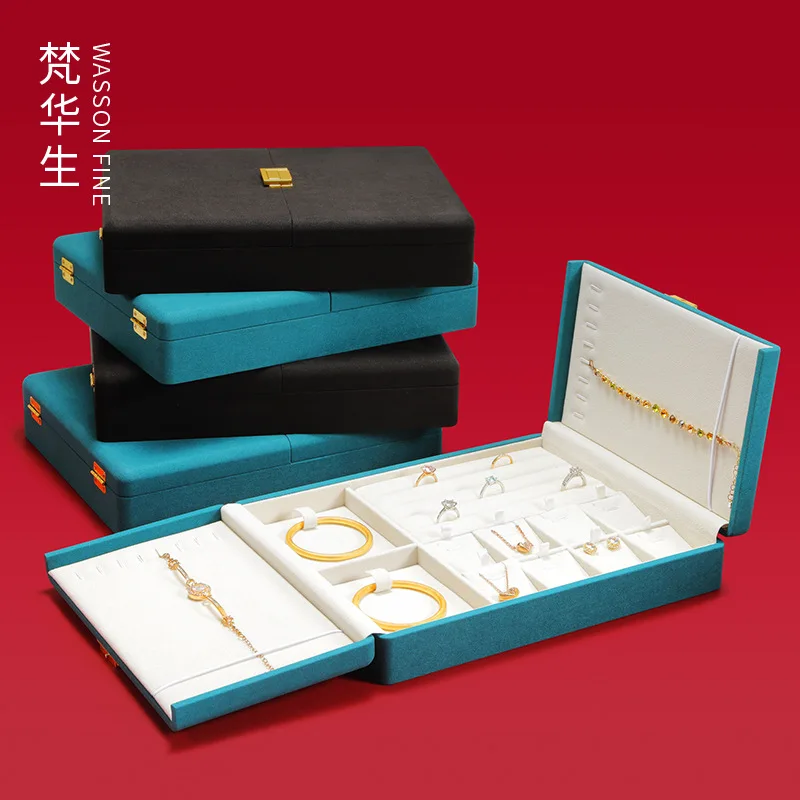 Microfiber Double Open Jewelry Box with Lid Ring Necklace Bracelet Set Box Large-capacity Jewelry Storage Box
