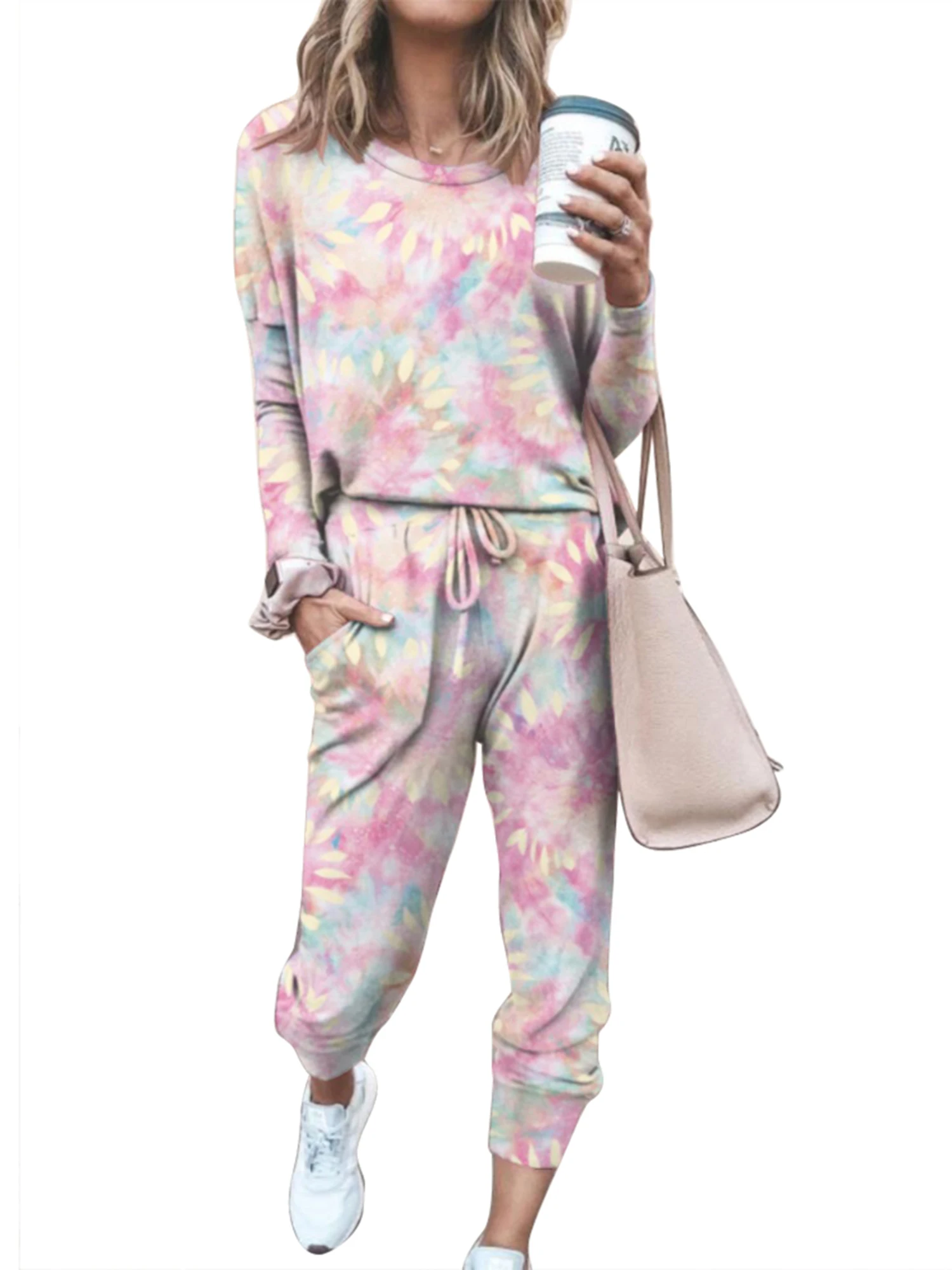 

Женская домашняя одежда с принтом и окрашиванием, комплект из двух предметов, эластичная Женская одежда с длинным рукавом, осень 2020, Модный ...