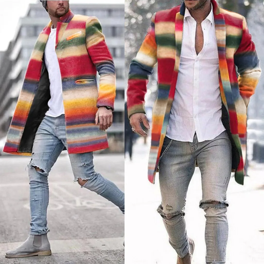 Мужское зимнее шерстяное пальто для досуга семь цветов в радужную полоску тонкая