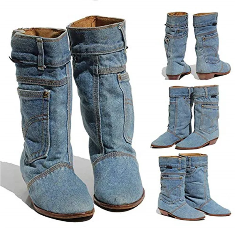 hotlow heel denim casual denim boot ladies autumn winter cowboy boots