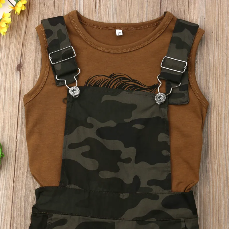 Toddler Baby Bibs Girl Boys Printing Clothes Vest Top T-Shirt+Camouflage Overalls Cotton Outfit Children Summer Clothing Set | Детская