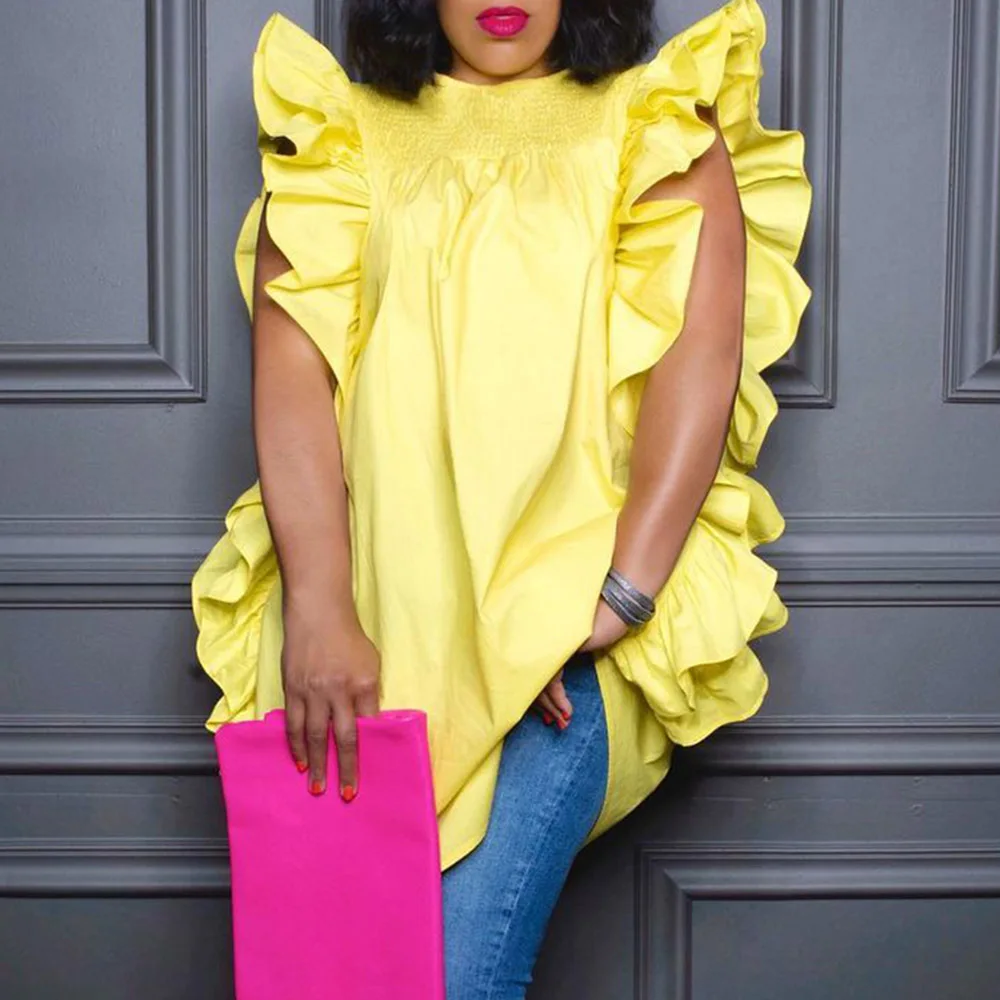 

Plus Size Ruffle Tops For Women Summer Yellow Cute Falbala Short Sleeve Pullover 2021 African Fashion Female Blouse Casual Shirt