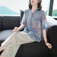 fashionable casual suit woman summer pants suit qualityblended ramie short sleeve tops v neck design printed two piece set