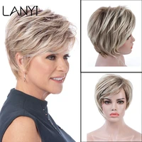 lanyi short ombre brown mixed blonde synthetic hair wigs for women natural curly with bangs heat resistant full wigs
