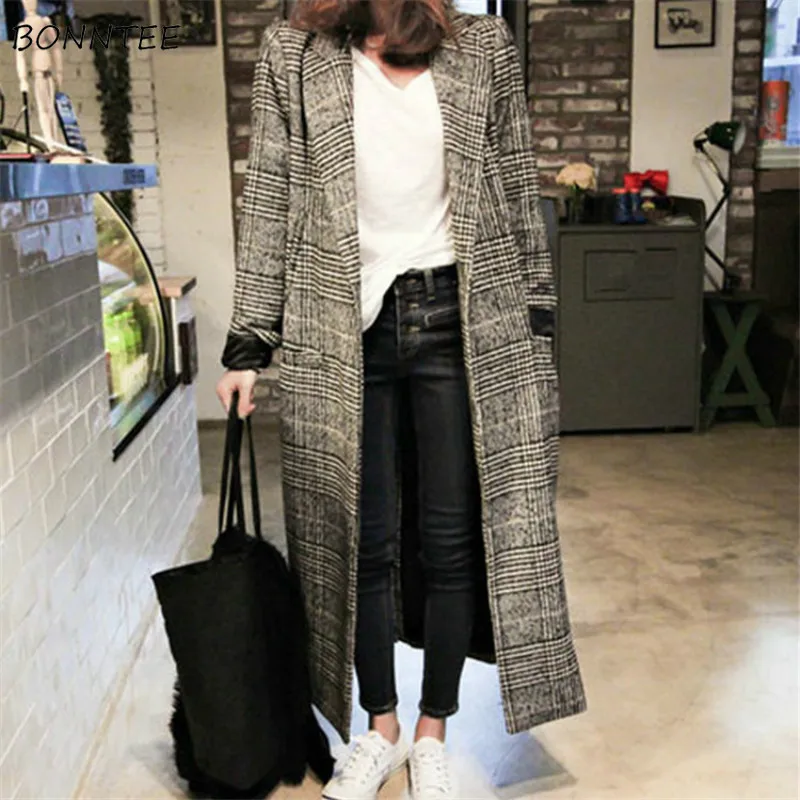 

Женские шерстяные смеси, высокое качество, Ulzzang, мягкие, элегантные, удобные, Осень-зима, клетчатые, тонкие, теплые, длинные, женская одежда, ш...