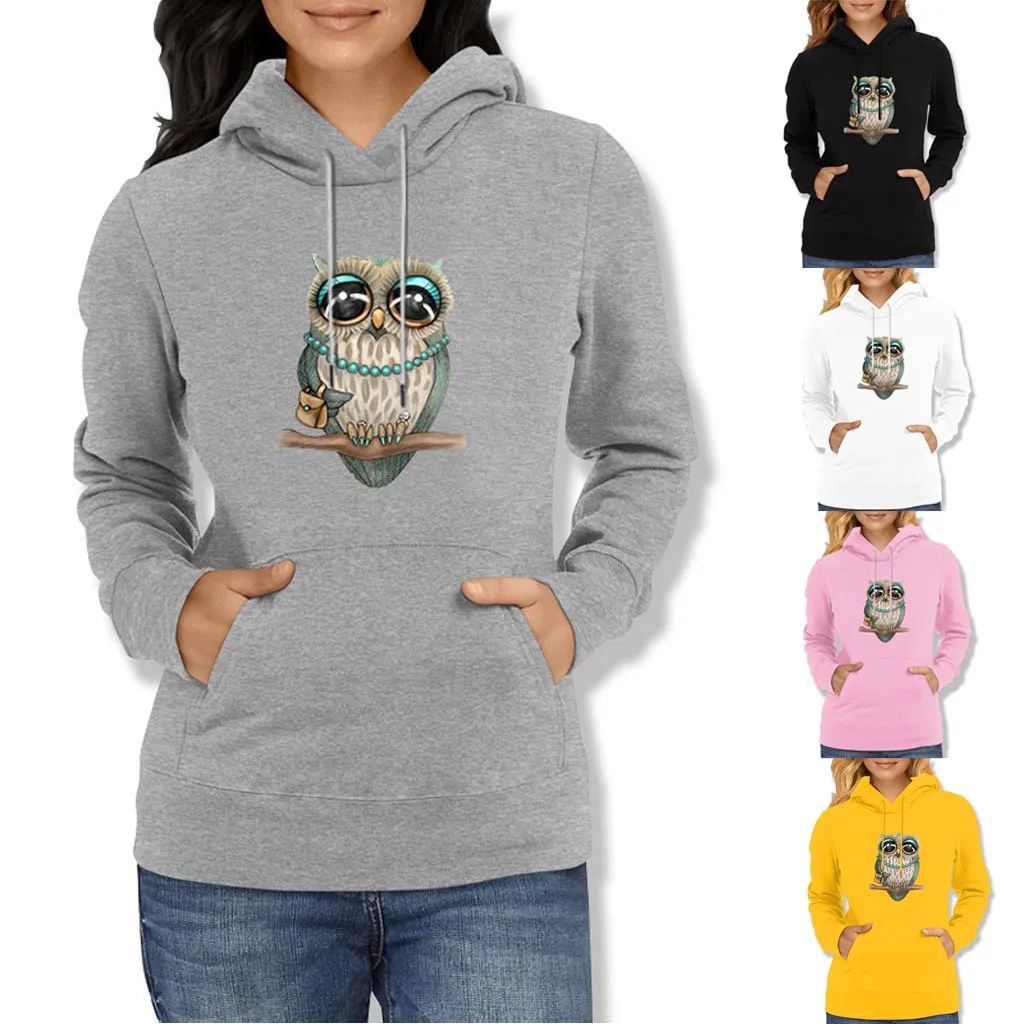 

Drawstring Round Neck Hoodies Solid Owl Printing Fashion Winter Women Clothes Long Sleeves Slim Fit Pocket Pullover Tops A25