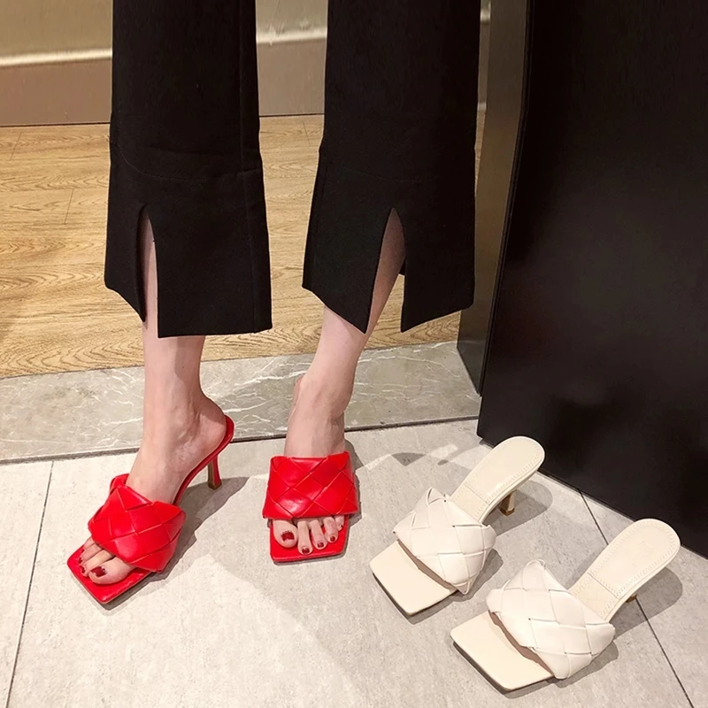 

2021 Summer Sandals Ladies Square Toe Woven High Heels Beach Luxury Brand Leather Woven High Heels Sandals