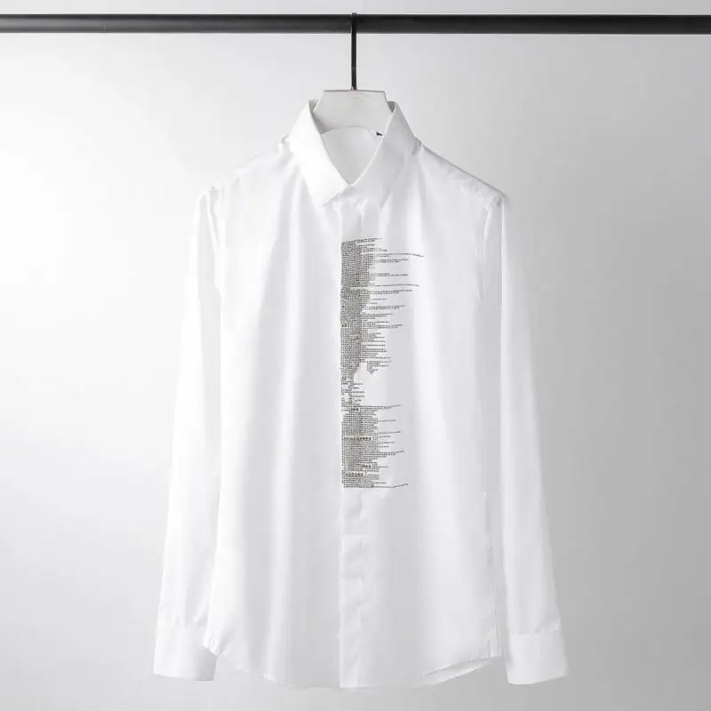 Diamond Luxury Mosaic Shirt Fashion Solid Color Long Sleeve Dress Men White Black Mens Shirts Casual Slim Fit | Мужская одежда