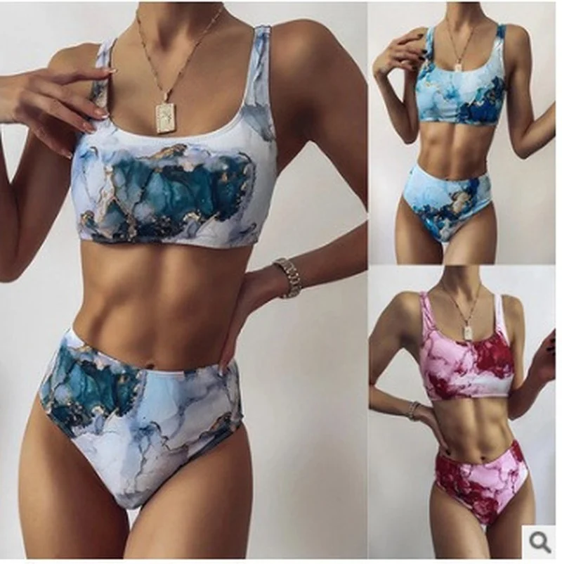 

2021 New Print Sport Bandeau Push up Bikinis Sexy Marble Women Swimsuit High Waist Swimwear Bathing Suit Women Beach Wear Summer