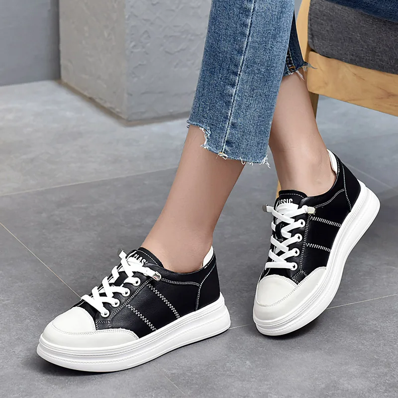 

Yiluan Brand Cowhide Platform Shoes Round Toe Low-Top Casual Women's Shoes Spring 2021 New Genuine Leather White Shoes Sneakers
