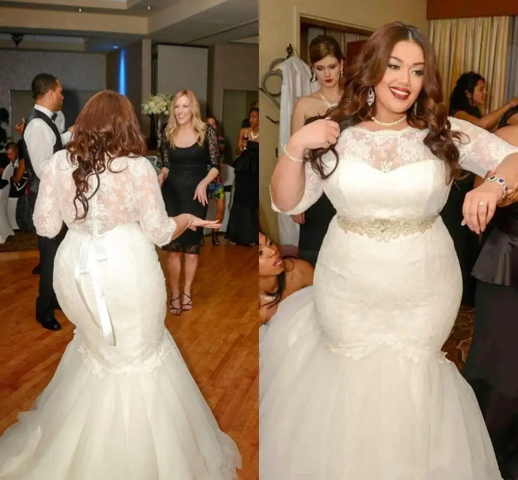 

Lace Half Sleeves Plus Size Mermaid Wedding Dresses Bridal Gowns Sheer Bateau Beaded Sash Tulle Sweep Train vestidos de novia