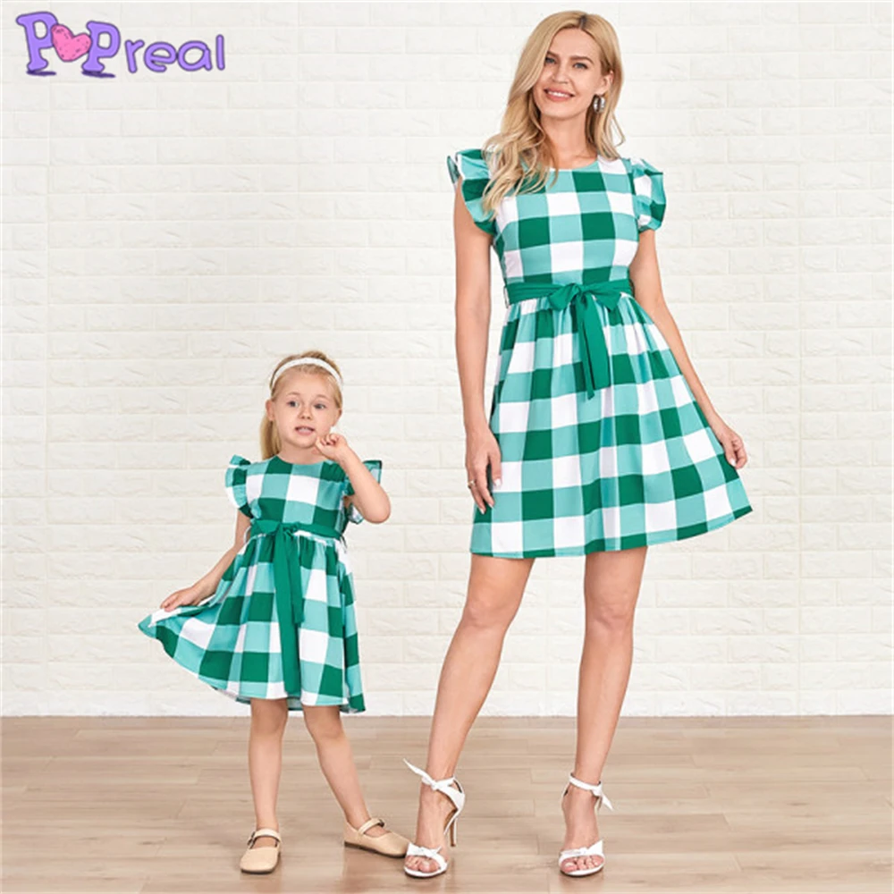 

PopReal Mom And Daughter Dress Summer Fashion O-Neck Plaid Print Flying Sleeves Dress Family Matching Outfits Family Look