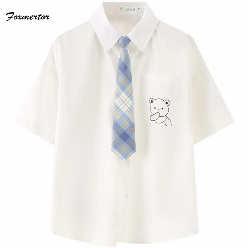 2021 Summer Women Blouses Bow Tie Shirts White Print Little bear Lapel Short Sleeve Tops Female Clothing Preppy Style JK Uniform
