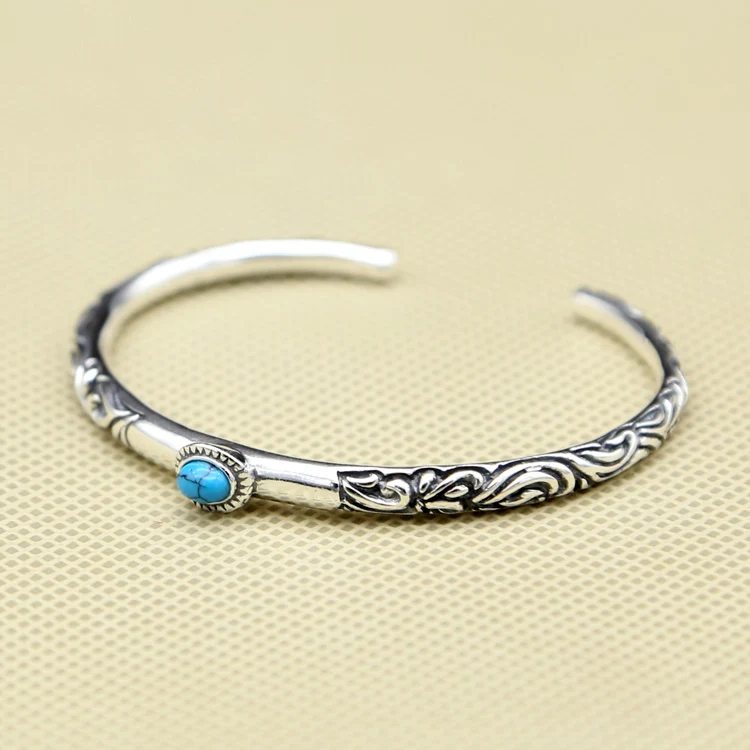 

100% Real Pure 925 Sterling Silver Women Cuff Bangle&Bracelet Lab Turquoise Stone Vintage Indian Style Elegant Narrow Band Gifts