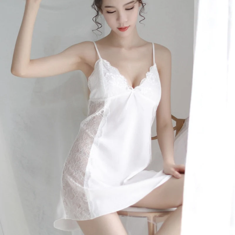 Ночная сорочка кружевная Женская шелковая ночная рубашка с глубоким v-образным