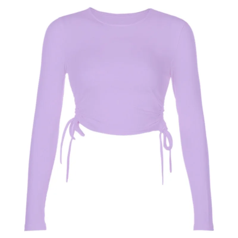 

FORERUN Women Cropped Tops Side Ruched Lace Up Short Shirts Long Sleeve O Neck Asymmetric Solid Skinny Basic T Shirts
