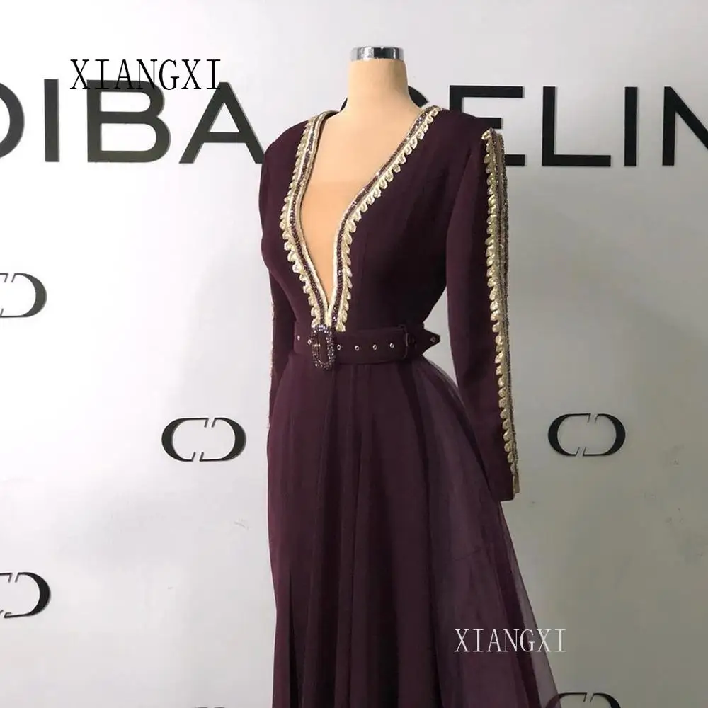 

Muslim Style Long Evening Dress 2020 A-Line Deep V-Neck Sleeves Embroidery Lace Beading Floor Length Formal Gowns Vestidos