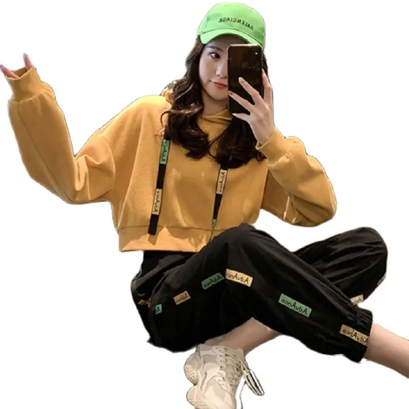 Fashion Tracksuit For Women Autumn 2021 New Korean Student Hooded short sweater casual wild beam pants 2 piece set women |