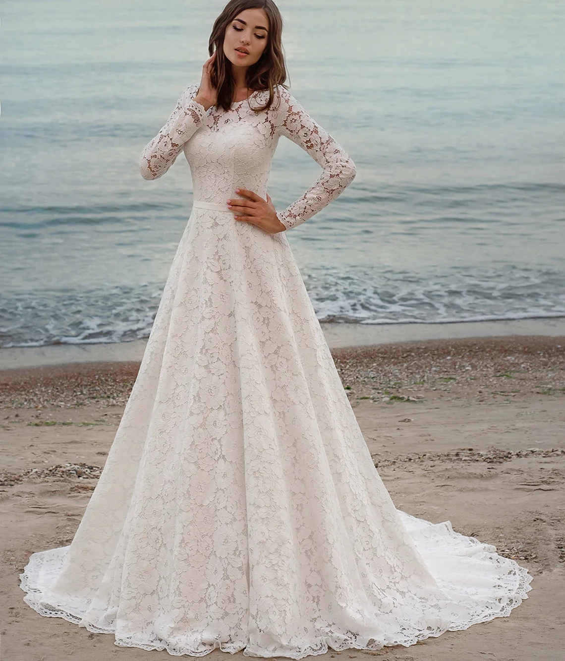 

11566 # реальное фото корсет с О-образным вырезом кружевное платье с длинным рукавом ТРАПЕЦИЕВИДНОЕ богемное кружевное свадебное платье со шлейфом Свадебное платье