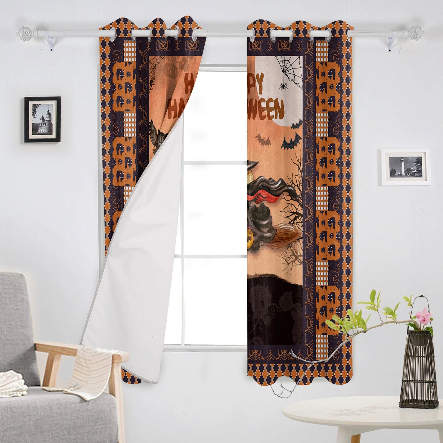 Halloween Witch Bat Texture Lattice Castle Curtains for Living Room Children Bedroom Decor Home Kitchen Products Windows Drapes | Дом и сад