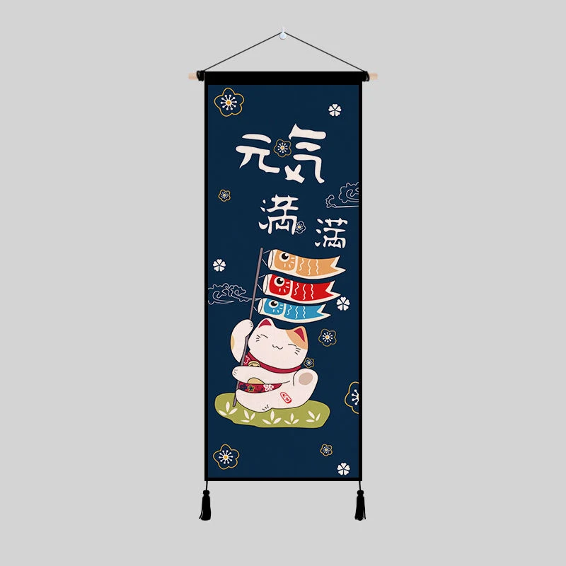 

Japanese Style Scroll Painting Wall Art Canvas Poster Printing Picture Lucky Cat Hanging Painting for Dining Room Home Decor