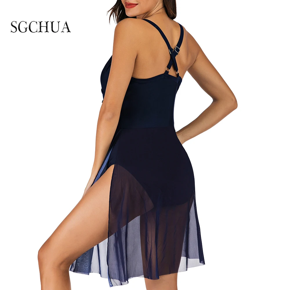 

Sexy One Piece Swimsuit Mesh Patchwork Bikini Deep V With Long Blue Skrit Beachwear Plus Size Fashion High Waist Swimwear