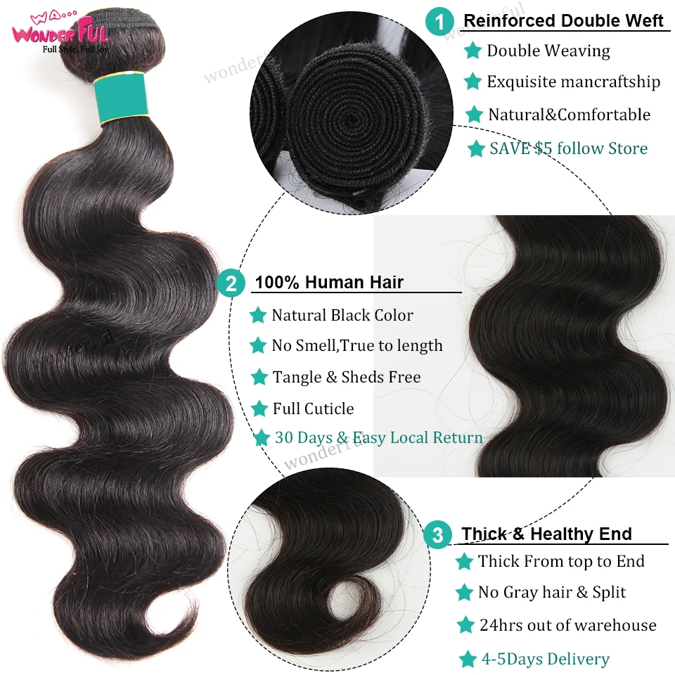 Wa прекрасного тела волна пряди с закрытием перуанский волос 100% волосы