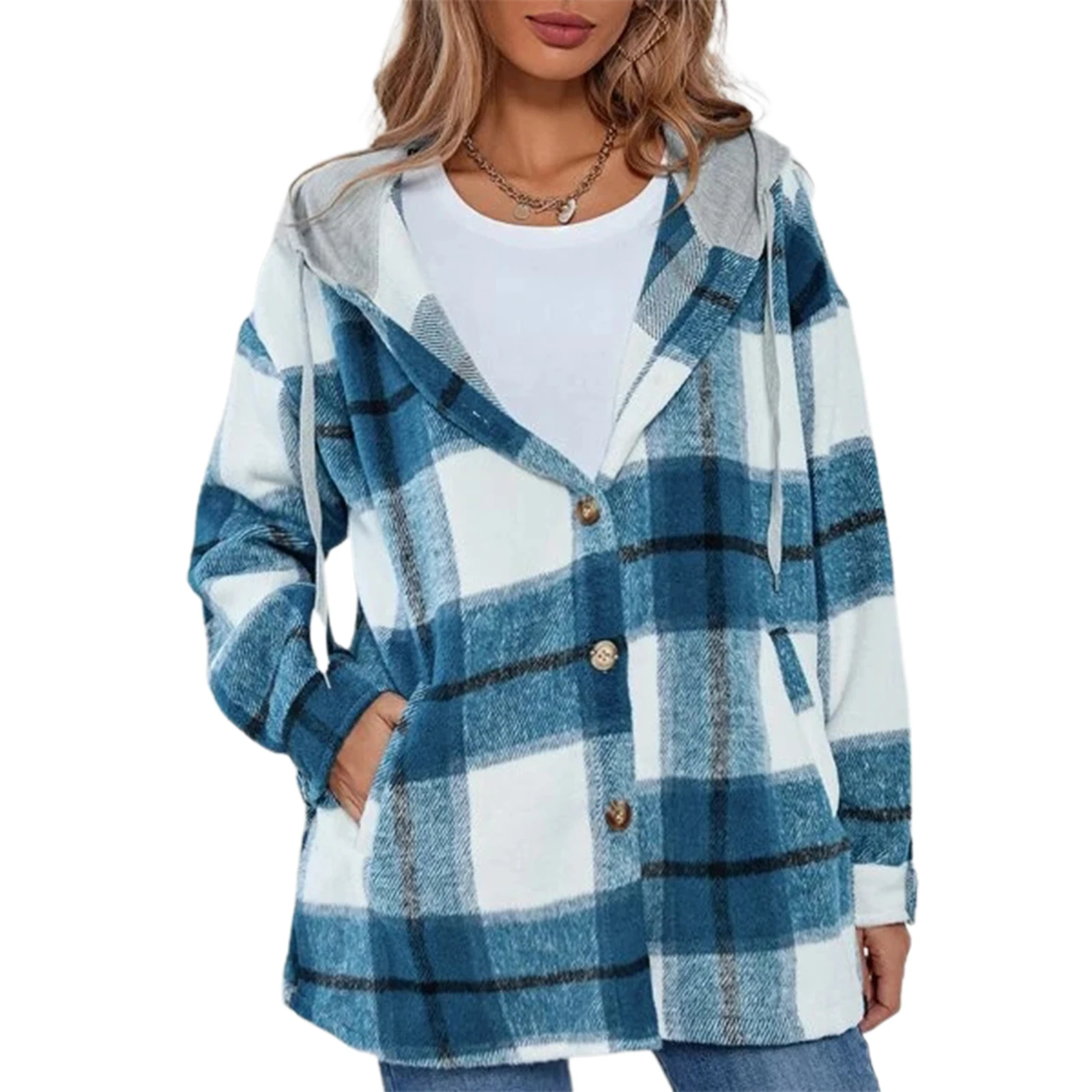 

Женская клетчатая куртка с длинным рукавом и капюшоном, Размеры S/M/L/XL
