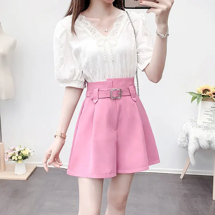

Women 2021 Summer New Fashion Two-piece Sets Female V-neck Chiffon Shirts Ladies High Waist Casual Wide-leg Shorts Suits Y194