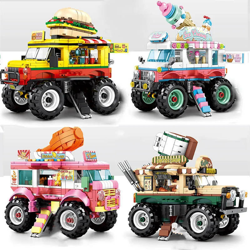 

City Street view Series food/ice cream/coffee shop building blocks set selling turcks car funny figures Children toys for girls