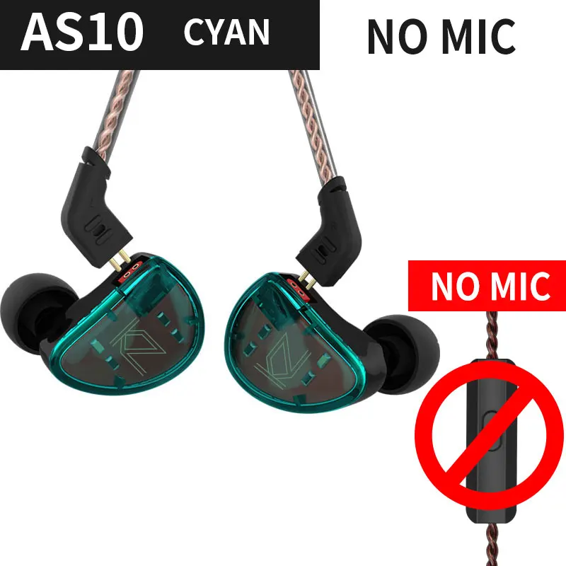 green no mic KZ AS10 наушники 5 сбалансированная арматура драйвер в ухо наушники HIFI монитор с басом наушники с 2pin кабелем KZ ZS10 KZ BA10 - Цвет: green no mic
