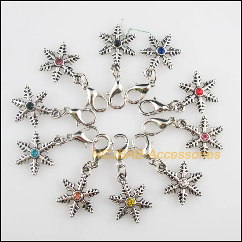

Новинка, подвески в виде снежинки 13,5x18 мм, Круглые тибетские посеребренные ретро-подвески с круглыми кристаллами и застежками-карабинами, 20 шт.