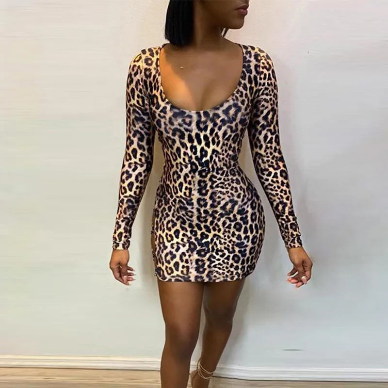 

Леопардовое Бандажное облегающее женское необычное сексуальное платье, новая мода, Клубные вечерние мини-платья с длинным рукавом, тонкая осенняя одежда для женщин 2020