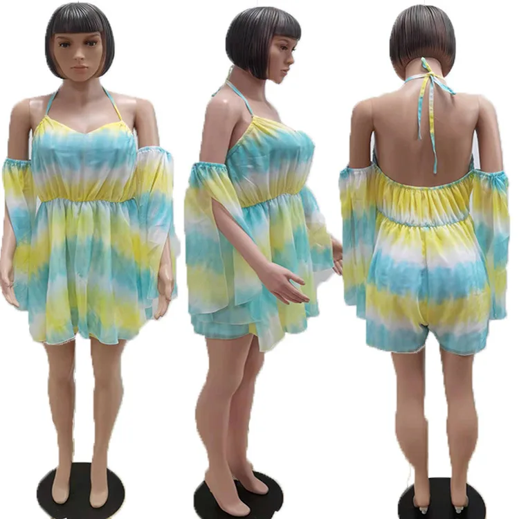 

Women Playsuit Gradient Color Strap Full Flare Sleeve Loose Playsuits With Sashes Sexy Fashion High Streetwear Summer