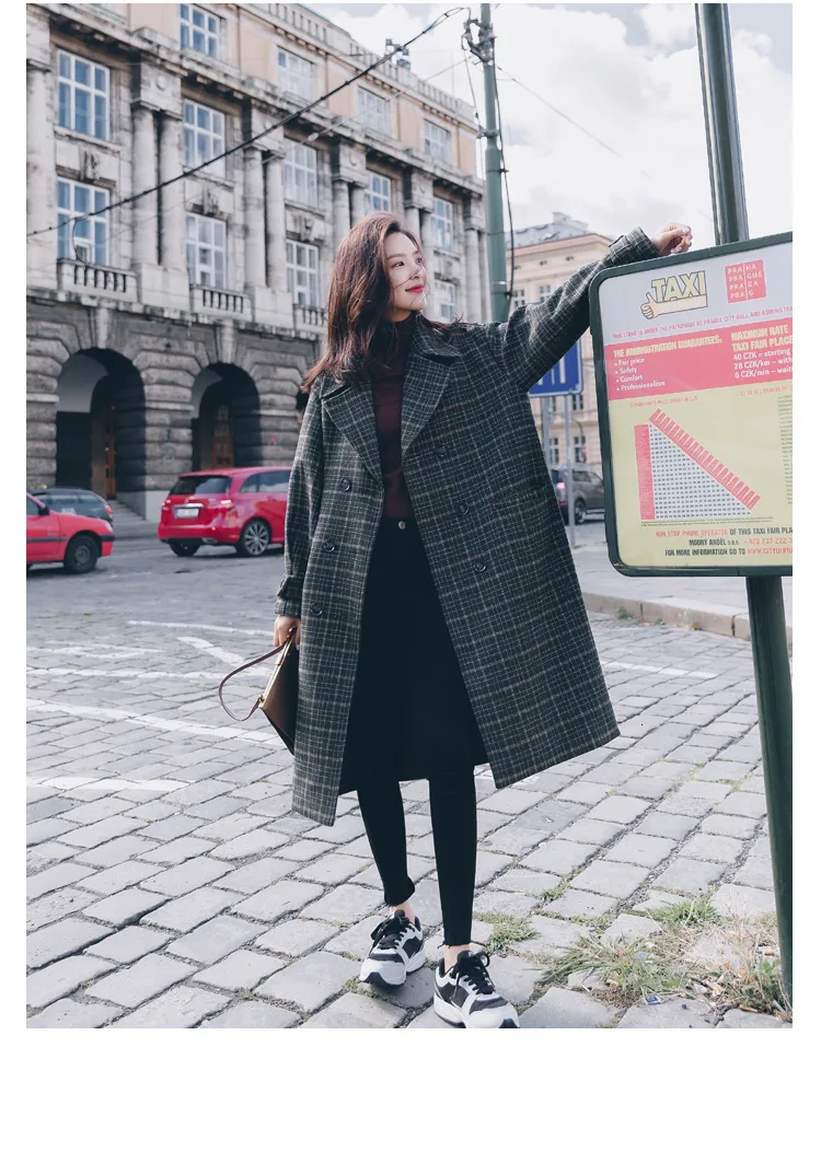 Vintage Plaids Clothes Loose Woollen Coat Women's New Checked Coat Baggy Silhouette Overcoat Tweeds Winter female Outerwear