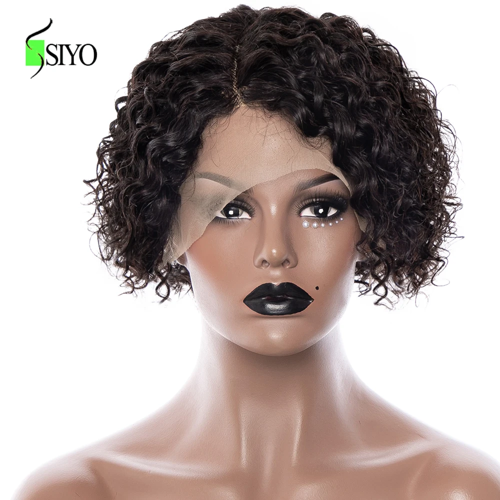 Siyo Malaysian Water Wave Human Hair Wigs 13x4x1 Lace Closure for Black Women Short Curly Bob Pre Pluck Pixie Cut Wig | Шиньоны и