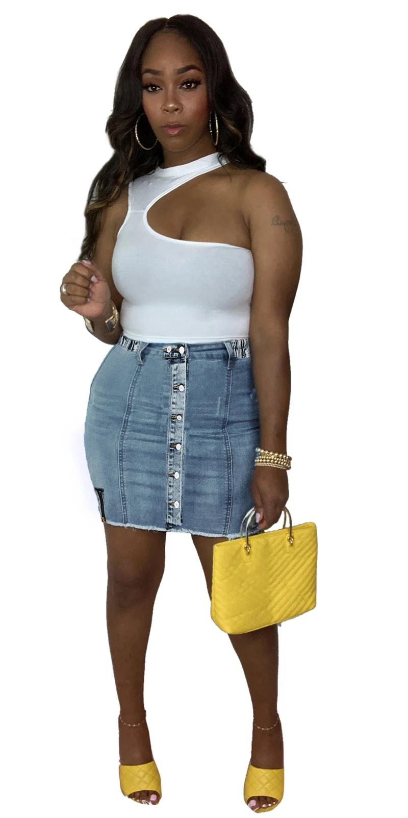 

2021 New Style Women Slim Skinny Elastic Waist Denim Skirt Ladies Sexy Thin Bag Hip Skirt Blue Single-Breasted Denim Mini Skirt