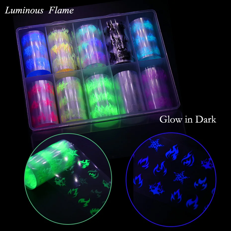 10 шт. светящиеся пламя ногтей Переводные фольги наклейки голографические