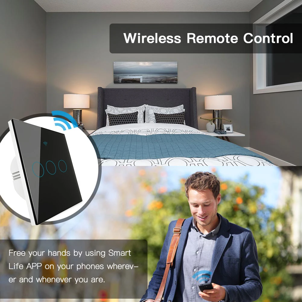 Черный WiFi умный настенный выключатель без нейтрального провода, нужен беспроводной смарт-пульт дистанционного управления Tuya с Alexa RF433