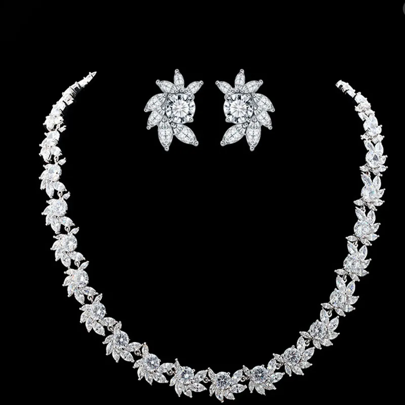 

SLBRIDAL Top Quality Sparkling Pave Setting Bridal Cubic Zircon Necklace Earring Set Wedding CZ Jewelry set Women Party Jewelry