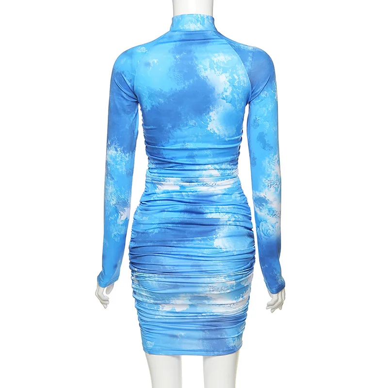 

HAOOHU spring new high quality print turtleneck bodycon midi dress woman 2020 casual high street pleated slim zipper dress mujer